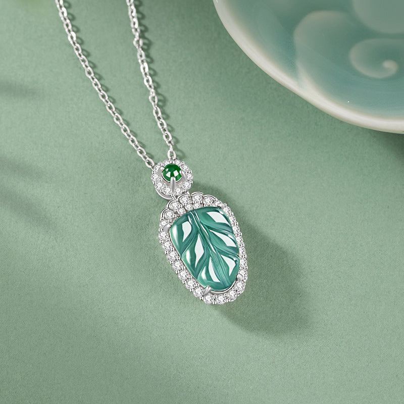 Leaf Sterling Silver 925 Necklace Women's Light Luxury Natural Dangerous Jade Clavicle Chain New Chinese Style Gold Branch Jade Leaf Pendant