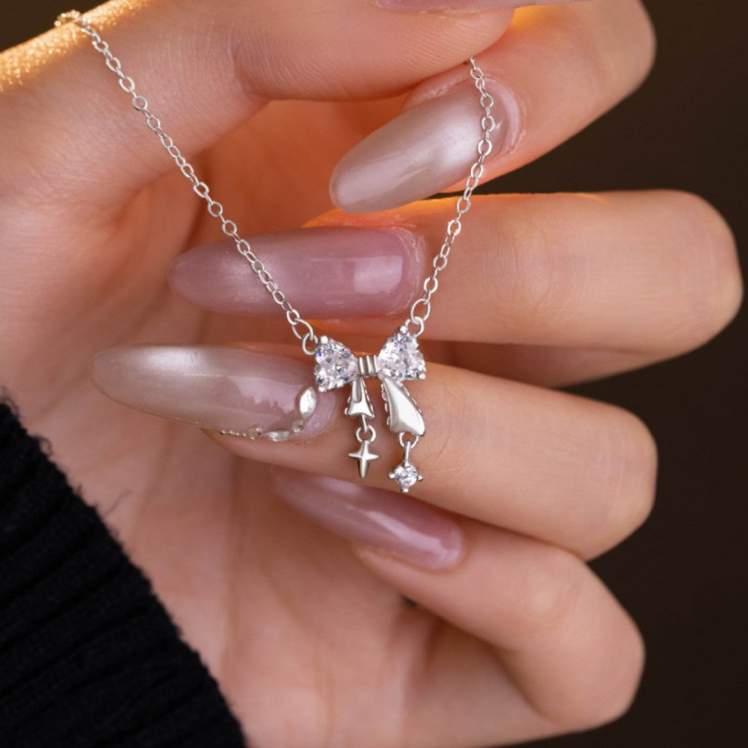 Bow Pure Silver 999 Necklace Women's Fashion All-Match Star Tassel Clavicle Chain Ins Little Red Book Same Pendant