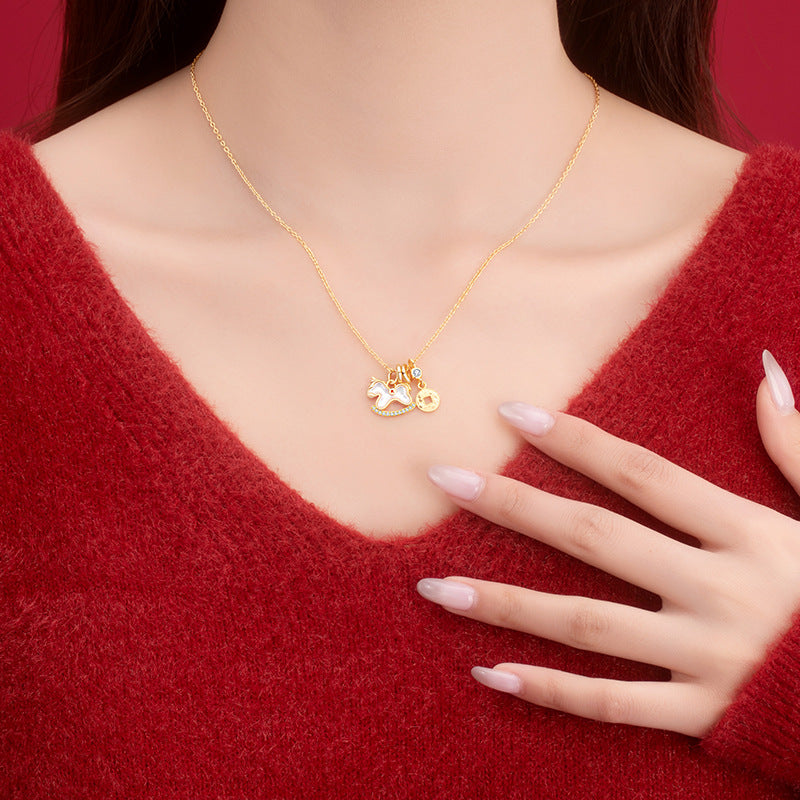 Immediately Rich S925 Sterling Silver Necklace Women's High-Grade White Fritillary Birth Year Niche Clavicle Chain Horse Zodiac Pendant