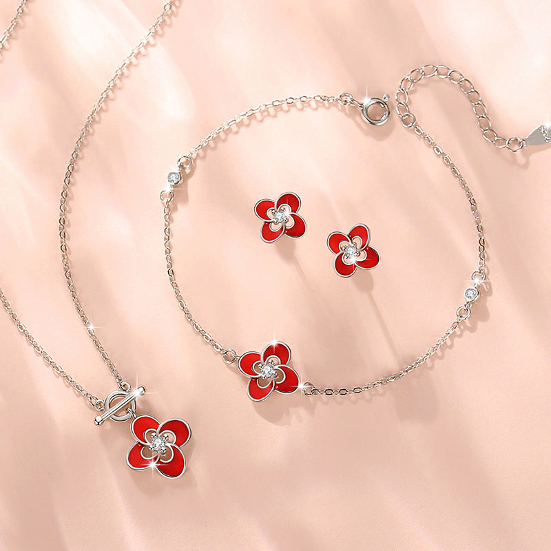 Lucky Clover Sterling Silver 925 Stud Earrings Women's Fashion All-Match Zircon Earrings Ins Style Flower Earrings