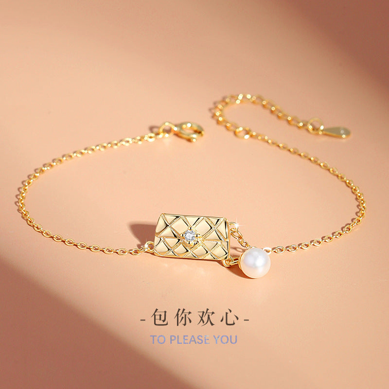 Original Bag Sterling Silver 925 Bracelet Female Niche Design Light Luxury Pearl Bracelet Ins Wind Bag You Happy Bracelet