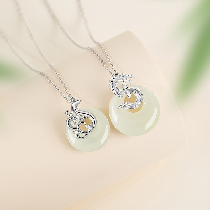 Original S925 Sterling Silver Dragon and Phoenix Couple Necklace Mori Hetian Jade Princess Buckle Pendant Birthday Valentine's Day Gift