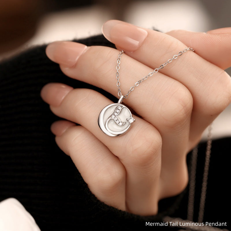 S925 Sterling Silver Necklace Female Mermaid Luminous Enamel Drop Oil Pendant Niche Girlfriends Clavicle Chain Valentine's Day Gift
