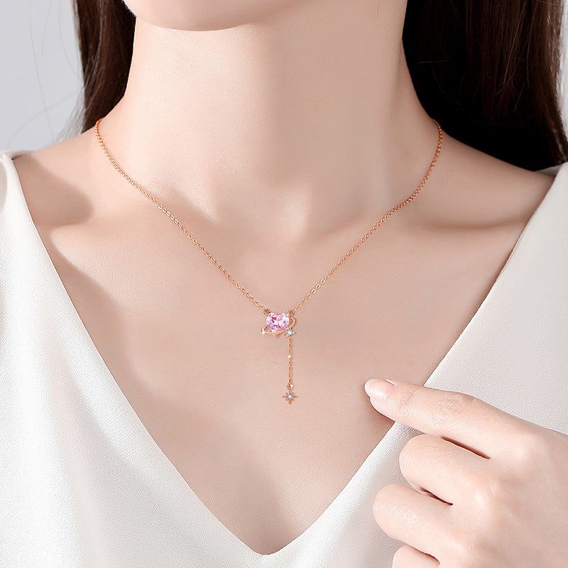 Lovely Sterling Silver 925 Necklace Female Niche Design Light Luxury Tassel Clavicle Chain Get Things Ins Style Planet Pendant