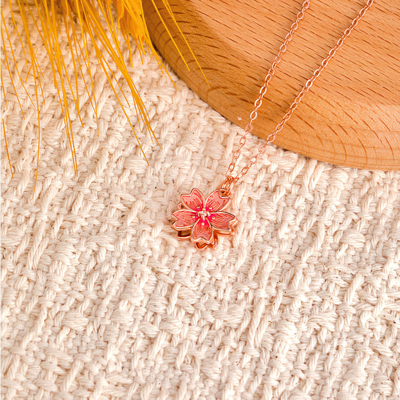 S925 Sterling Silver Rotating Cherry Blossom Necklace Female Rose Gold Niche Design Clavicle Chain Qixi Gift Jewelry Wholesale