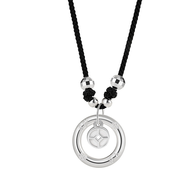 Safety Buckle Pure Silver 999 Necklace Men's Niche Design Light Luxury Coin Necklace Ins Style Copper Coin Pendant for Boyfriend