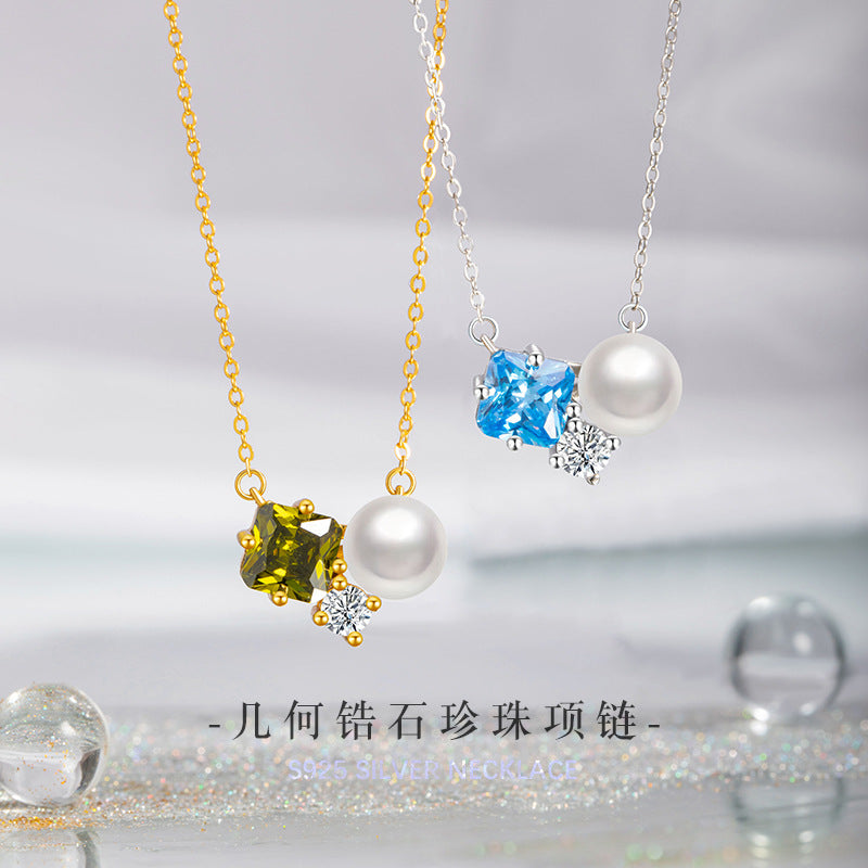 Small Square Sugar Sterling Silver 925 Necklace Fashionable Versatile Shijia Pearl Clavicle Chain Ins Light Luxury Style Sea Blue Zirconium Pendant