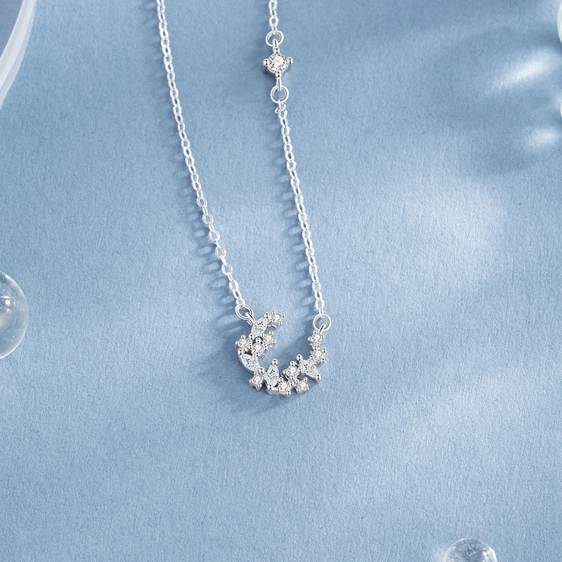 Moon Sterling Silver 925 Necklace Female Niche Design Light Luxury Romantic Star River Clavicle Chain Ins Style Star Pendant