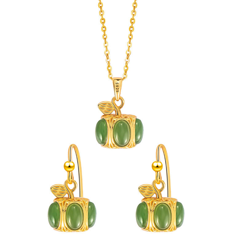 New Chinese Natural Hetian Jade Melon Jewelry S925 Sterling Silver Necklace Ear Hook Two-Piece Set Valentine's Day Gift
