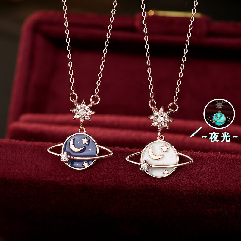 Star Moon S925 Sterling Silver Necklace Dripping Enamel Luminous Pendant Niche White Agate Clavicle Chain Gift for Women