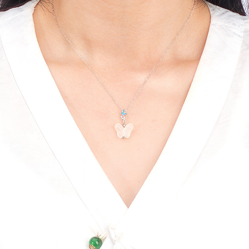 S925 Sterling Silver Chalcedony Butterfly Necklace Bracelet Set Luminous Enamel Niche Design Girl Style Silver Jewelry Wholesale