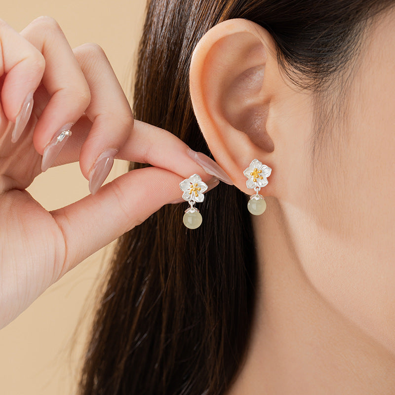 Twelve Flower God Sterling Silver 925 Stud Earrings Women's New Chinese Peach Blossom Natural Hetian Jade Earrings Ins Style Flower Earrings