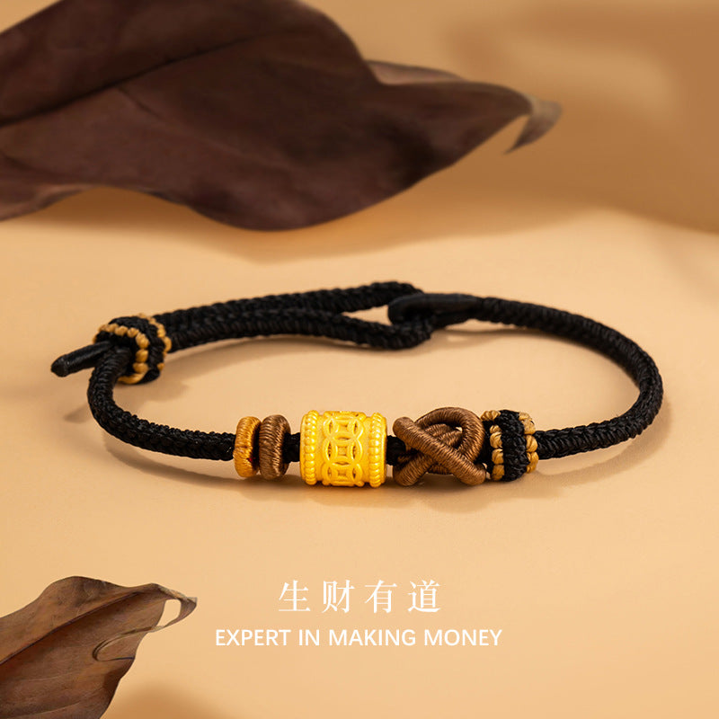 Coin Pure Silver 999 Bracelet New Chinese National Fashion Handmade Braided Rope Bracelet Ins Style Light Luxury High-Grade Bead Bracelet