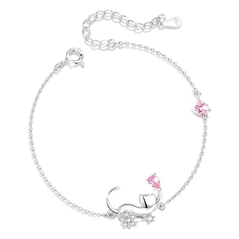 Cute Cat Sterling Silver 925 Bracelet Female Niche Design Light Luxury Pink Diamond Bracelet Valentine's Day Gift Ins Cat Bracelet