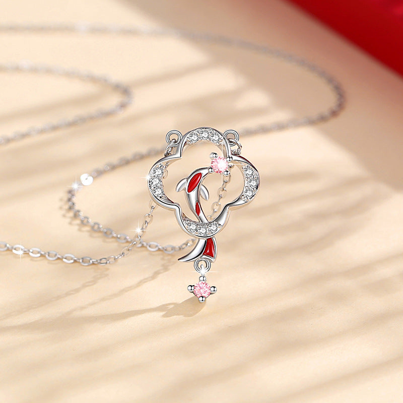 Lucky Koi Fish Sterling Silver 925 Necklace Women's Fashion Versatile Pink Zircon Clavicle Chain Ins Clover Pendant