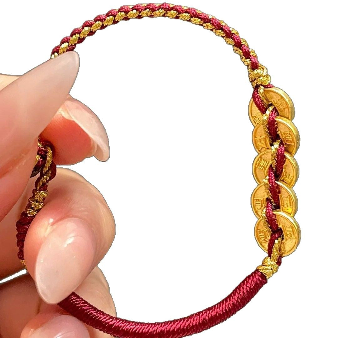 Five Emperors Coin Sterling Silver 925 Bracelet New Chinese National Fashion Lucky Beads Woven Bracelet