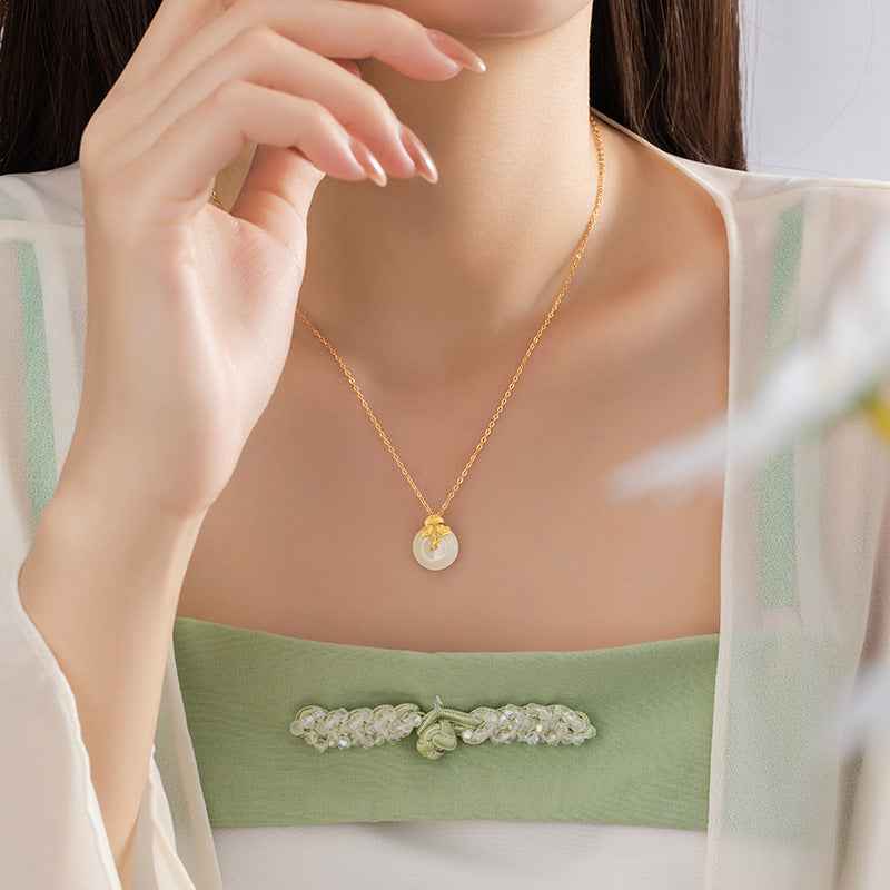 Original Sansheng Lucky Sterling Silver 925 Hetian Jade Necklace New Chinese Style Safety Buckle Clavicle Chain Ins Ginkgo Leaf Pendant
