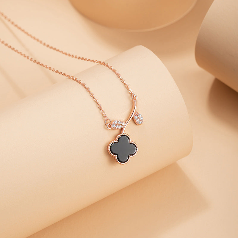 Lucky Clover Sterling Silver 925 Necklace Women's Fashion Versatile Black Agate Flower Clavicle Chain Ins Petal Pendant