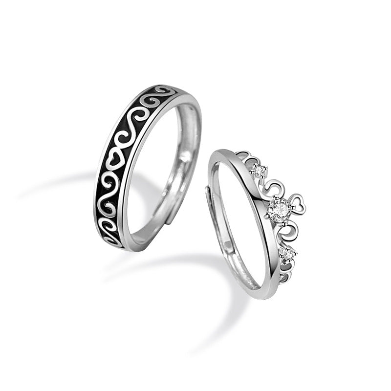 Princess and Knight Sterling Silver 925 Couple Ring Fashion Versatile Love Zircon Ring Ins Style Crown Ring