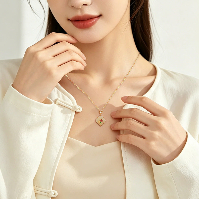 Twelve Flower God Sterling Silver 925 Hetian Jade Necklace New Chinese Flower Clavicle Chain Ins Style Lucky Clover Pendant