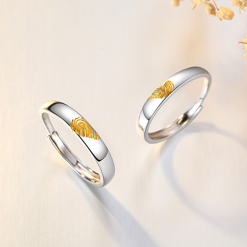 Love Fingerprint Sterling Silver 925 Couple Ring Men and Women Niche Design Light Luxury Ins Style Valentine's Day Gift Ring