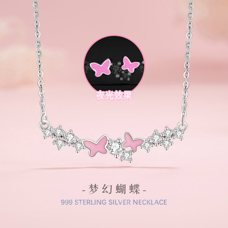 Butterfly Pure Silver 999 Luminous Necklace Female Niche Design Light Luxury Zircon Clavicle Chain Ins Style Star Pendant