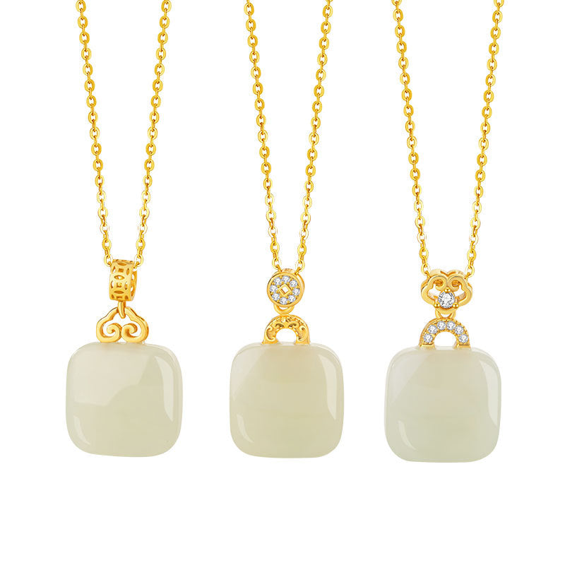 Xiangyun Ruyi Small Square Sugar Sterling Silver 925 Necklace Women's New Chinese National Fashion Hetian Jade Clavicle Chain No-Matter Brand Pendant
