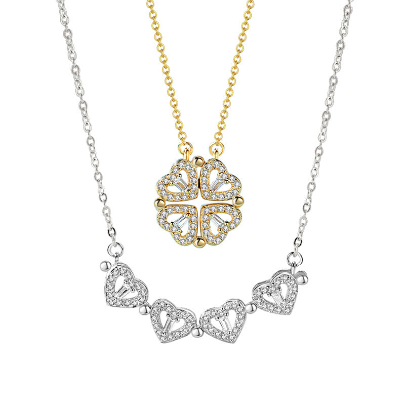 Lucky Clover Sterling Silver 925 Necklace Niche Design Magnetic Clavicle Chain a Two-Piece Zircon Love Pendant