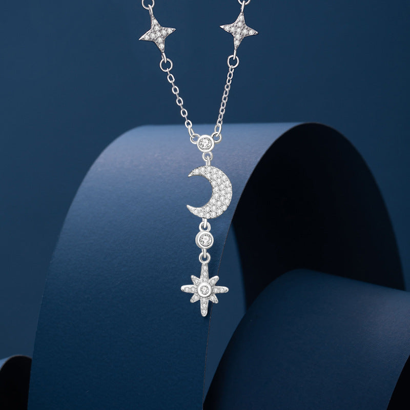 Star Moon Sterling Silver 925 Necklace Niche Design Light Luxury Zircon Eight Awn Star Clavicle Chain Ins Tassel Pendant