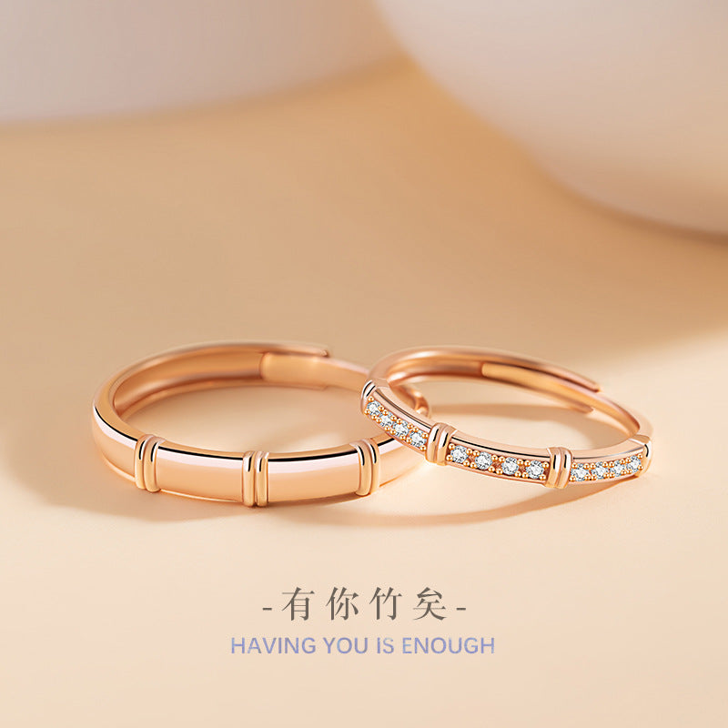 Green Plum Bamboo Horse Sterling Silver 925 Couple Ring Niche Design Light Luxury Bamboo Ring Ins Style Bamboo Ring