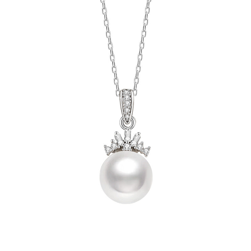 Natural Freshwater Pearl Sterling Silver 925 Necklace Women's Light Luxury High-Grade Crown Zircon Clavicle Chain Ins Style Pendant