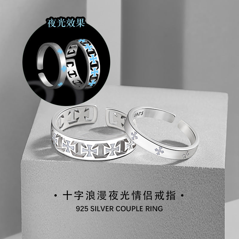 Cross Sterling Silver 925 Luminous Couple Ring Men and Women Fashion All-Match Star Ring Valentine's Day Gift Pair Ring