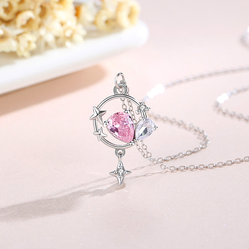 Star Sterling Silver 925 Necklace Female Niche Design Light Luxury Pink Zircon Clavicle Chain Get Things Ins Tassel Pendant