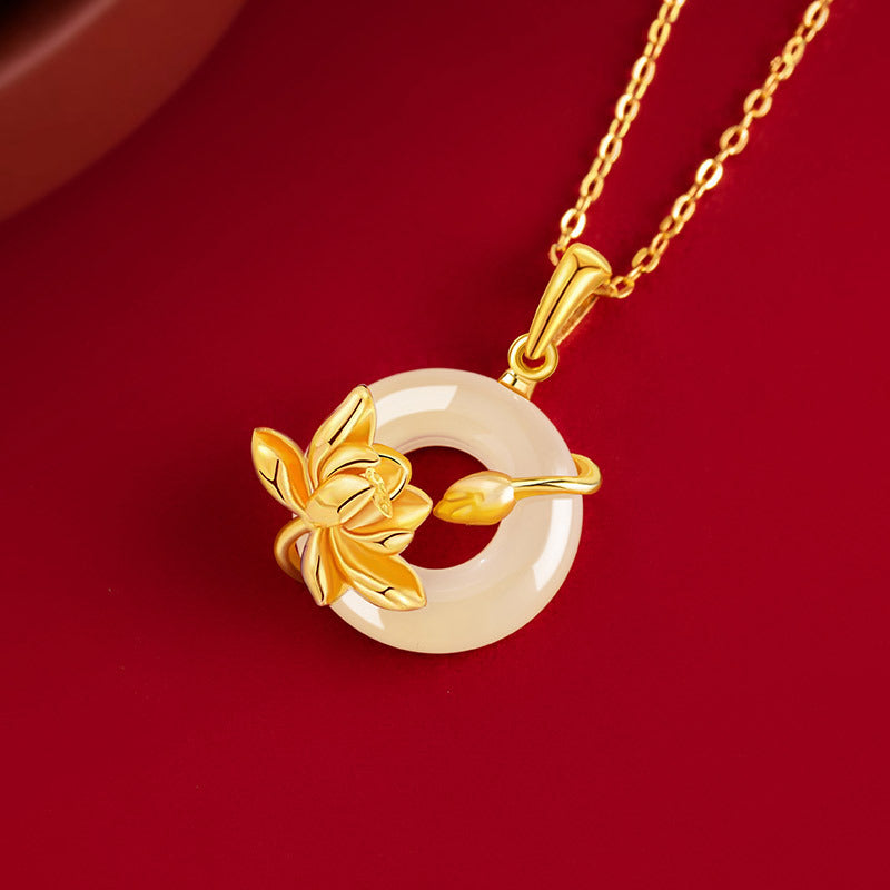 Lotus Pure Silver 999 Chalcedony Necklace Female New Chinese National Fashion Safety Buckle Clavicle Chain Ins Mother's Day Gift Pendant