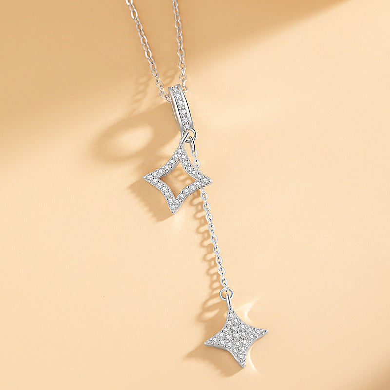 Star Sterling Silver S925 Necklace Women's Fashion All-Match Small Zircon Clavicle Chain Ins Style Hollow Tassel Pendant