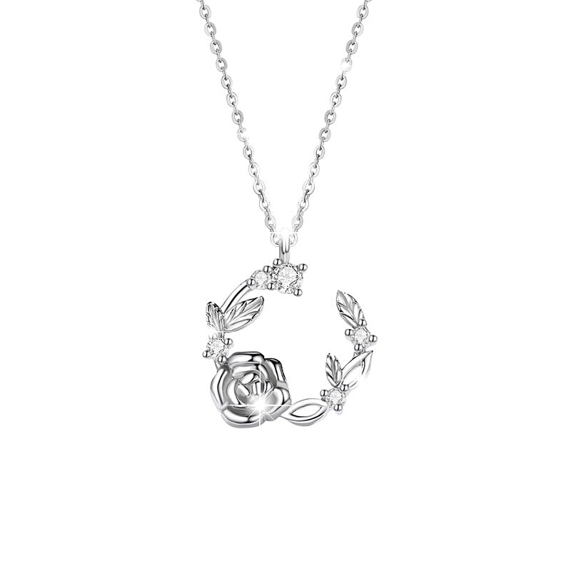 Rose Sterling Silver 925 Necklace for Women, Niche Design, Light Luxury Clavicle Chain, INS Style Garland Zircon Pendant