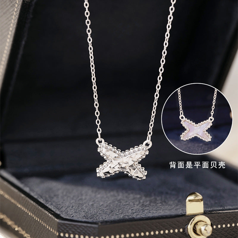 Yuan Series Sterling Silver 925 Necklace for Women Light Luxury High-Grade White Fritillary Bow Clavicle Chain Ins Cross Pendant