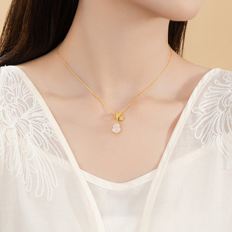 Lucky Clover Sterling Silver 925 Necklace Women's New Chinese National Fashion Natural Water Foam Jade Clavicle Chain Ins Gourd Pendant