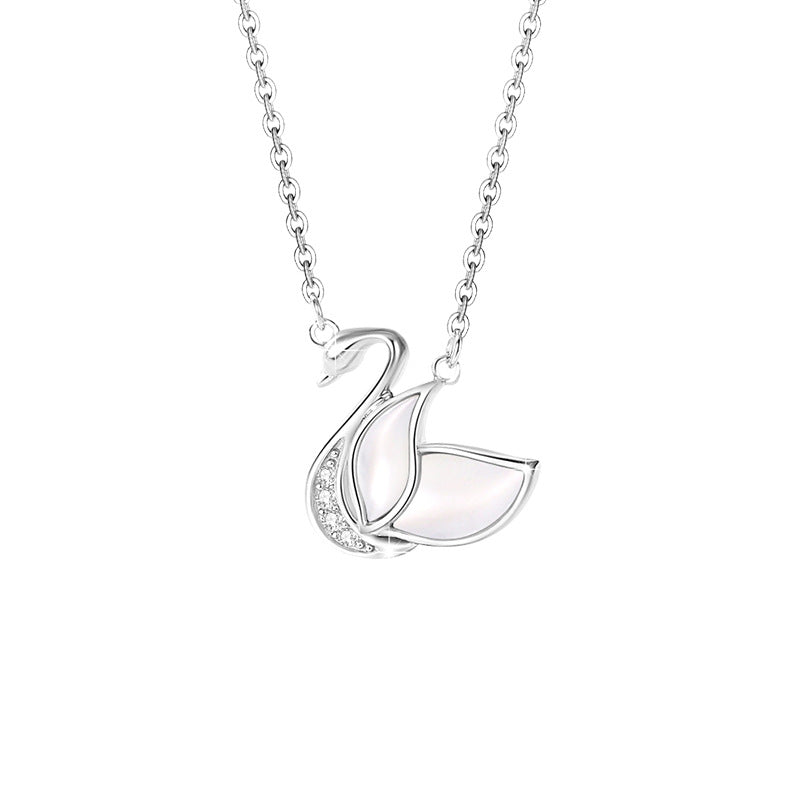Swan Sterling Silver 925 Necklace for Women, Niche Design, Light Luxury Zircon Clavicle Chain, INS Style White Fritillary Pendant
