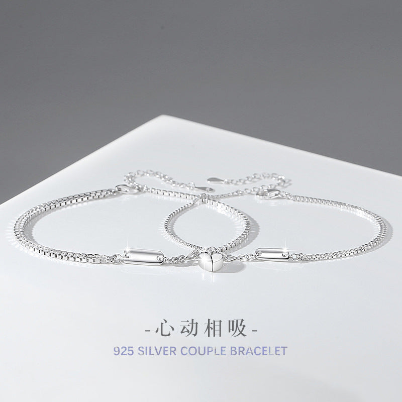 Lovely Sterling Silver 925 Couple Magnetic Bracelet Niche Design Light Luxury Chain Bracelet Ins Style Square Brand Bracelet