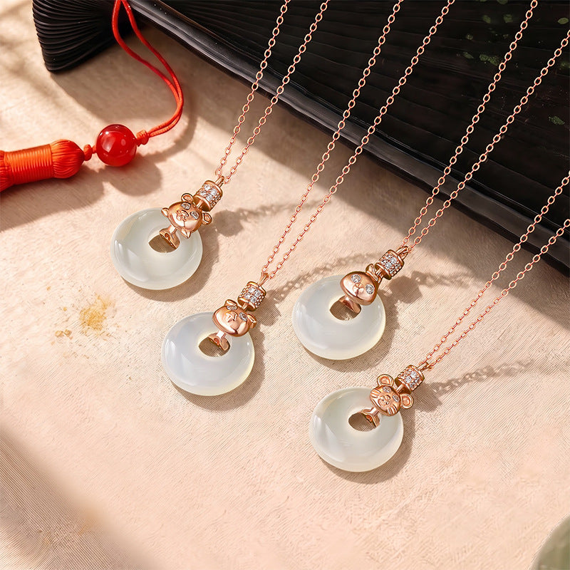 Zodiac Guardian Sterling Silver 925 Chalcedony Necklace National Fashion Spirit Snake Safety Buckle Clavicle Chain Ins Style Birth Year Pendant