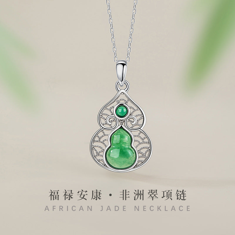 Fu Lu Ankang Sterling Silver 925 Necklace Women's New Chinese Natural African Cuixiang Cloud Clavicle Chain Gourd Chalcedony Pendant