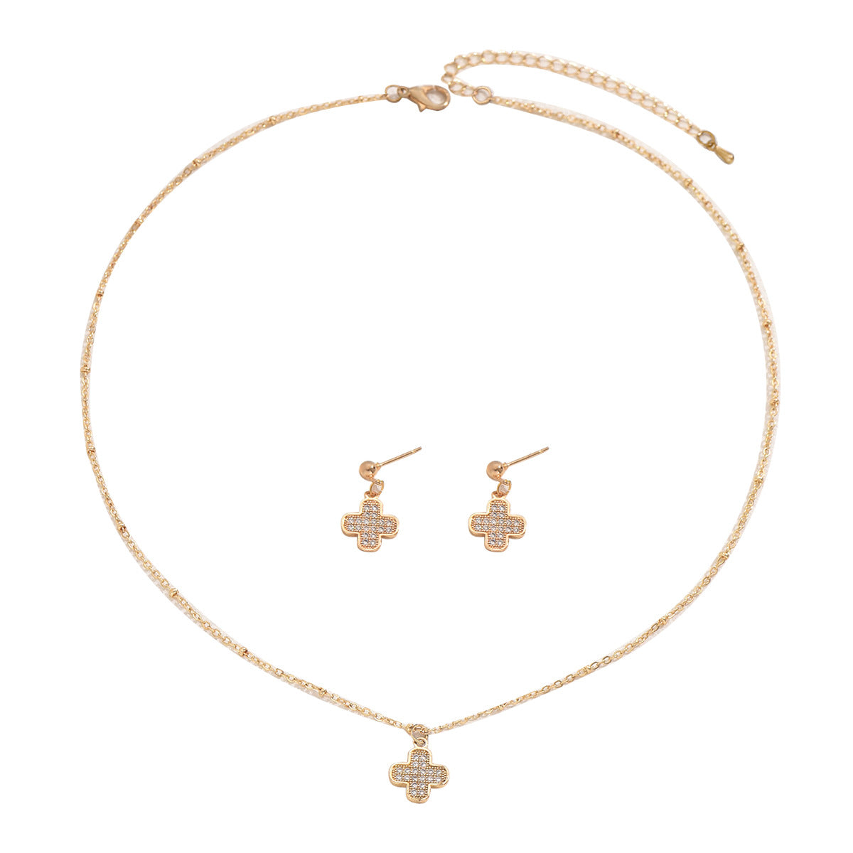 Fashionable Simple Korean Style Women's Inlaid Zircon Necklace Earrings Set Personalized Four-Leaf Clover Design Clavicle Chain Earrings