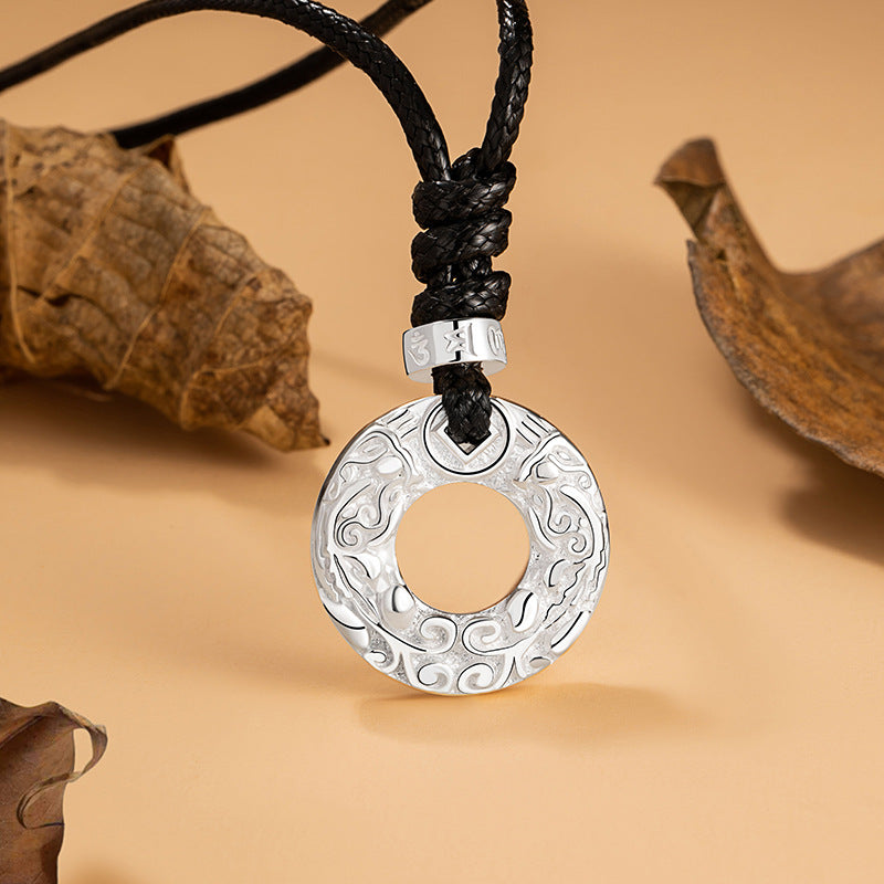 Pure Silver 999 Necklace Men's Retro Domineering Fashion Brand Xiangyun Safety Buckle Necklace National Fashion Six-Word Mantra Pendant