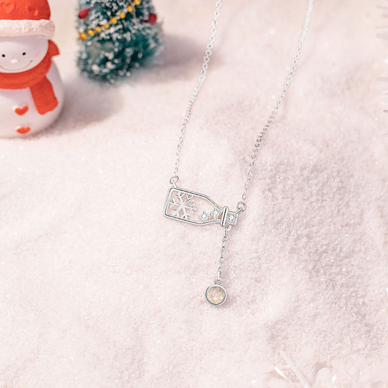 Snowflake Sterling Silver 925 Necklace Female Sweet Cute Style Glazed Stone Drifting Bottle Clavicle Chain Ins Christmas Pendant
