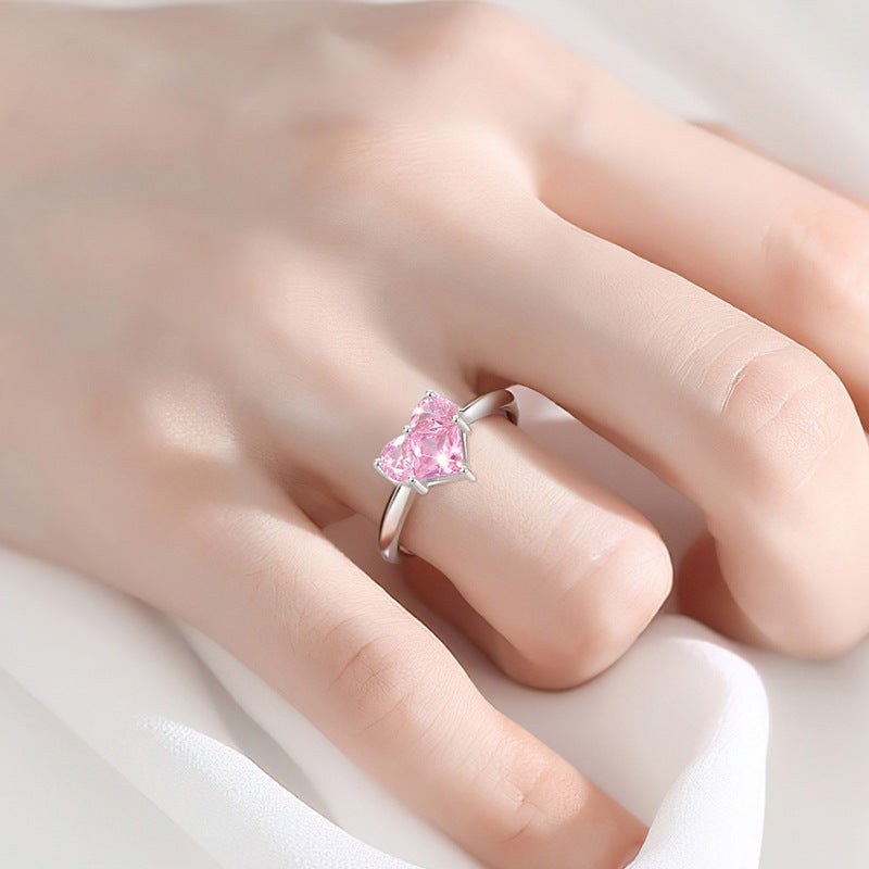 Lovely Sterling Silver 925 Ring Female Niche Design Light Luxury Pink Diamond Ring Thing Ins Style Heart-Shaped Zircon Ring