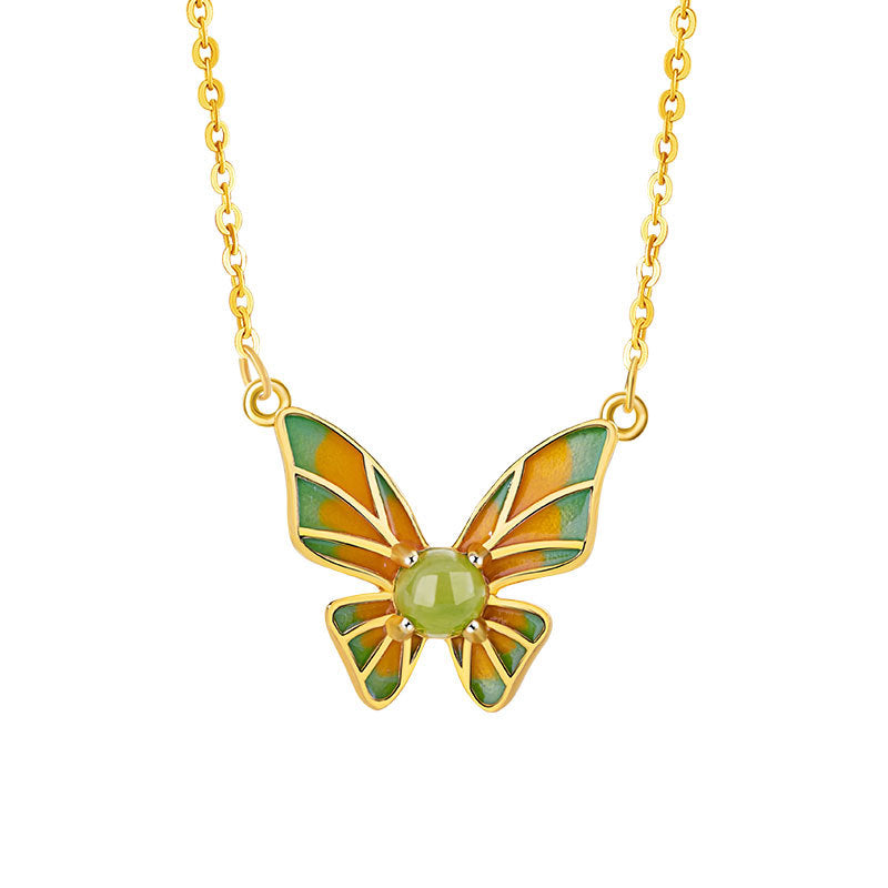 Butterfly Dance Elegant Sterling Silver 925 Necklace Women's Light Luxury High-Grade Hetian Jade Clavicle Chain Ins Style Butterfly Pendant