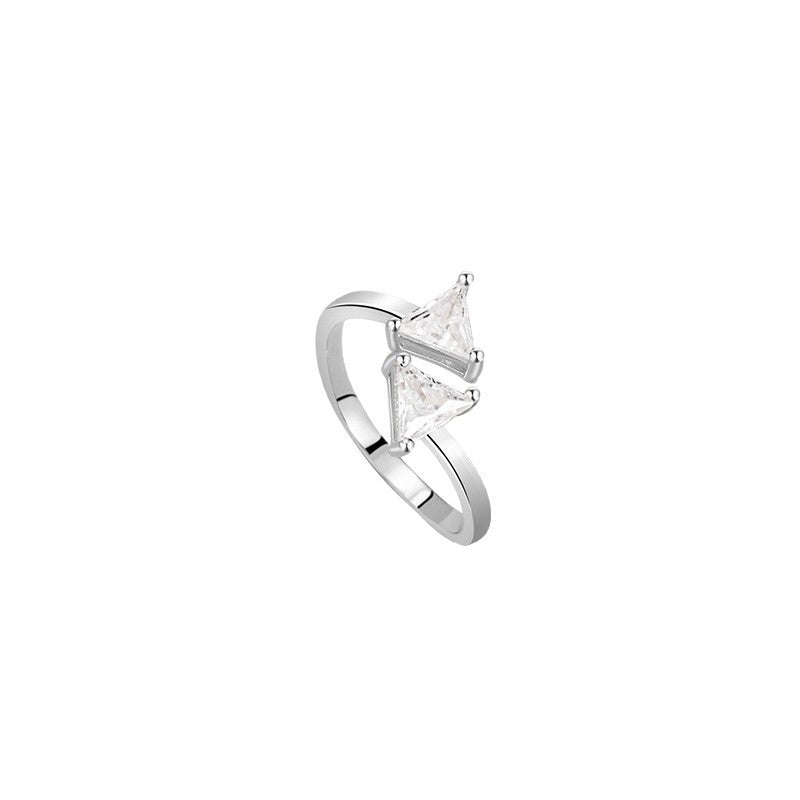 Bow Sterling Silver 925 Ring Women's Fashion Versatile Geometric Zircon Ring Ins Light Luxury Style Triangle Ring