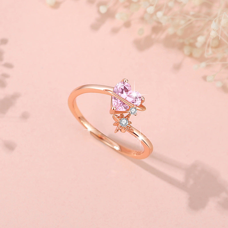 Lovely Sterling Silver 925 Ring Women's Fashion All-Match Pink Diamond Ring Things Ins Open Adjustable Planet Ring