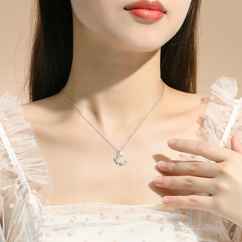Bowknot Sterling Silver 925 Necklace Female Niche Design Light Luxury Zircon Clavicle Chain Get Things Ins Style Moon Pendant